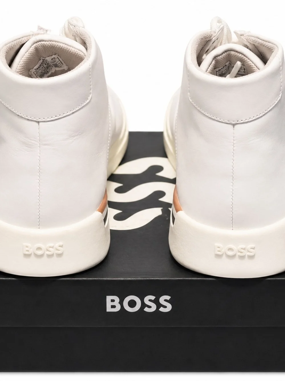 Hugo Boss White Leather High-Top Sneakers with Black and Tan Accents
